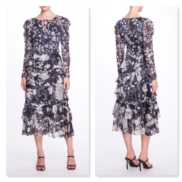 Marchesa Dresses & Skirts - Marchesa Notte Long-Sleeved Tiered Ruffle Chiffon Maxi Dress. Size 6. NWT.
